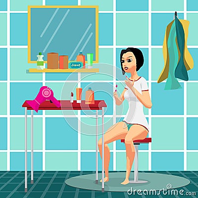 Beautiful girl paints nails sitting on a stool in the bathroom. Cartoon Illustration