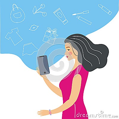 Beautiful girl makes purchases online via smartphone Vector Illustration