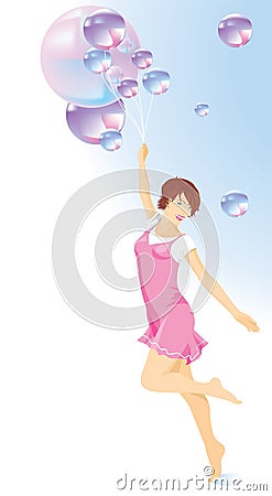 Beautiful girl in a pink dress with balloons. Vector Illustration