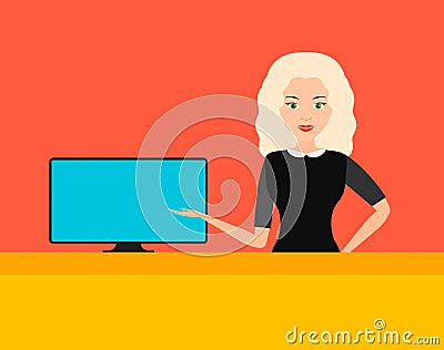 Beautiful girl points at a computer screen, vector. Vector Illustration