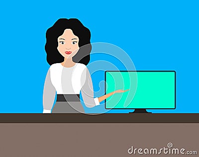 Beautiful girl points at a computer screen, . Cartoon Illustration