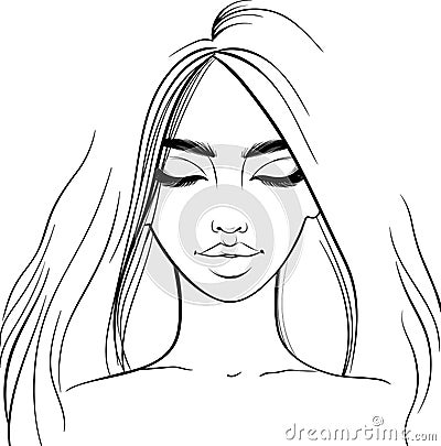 Beautiful girl portrait. Vector woman with closed eyes. Sketch style. Vector Illustration