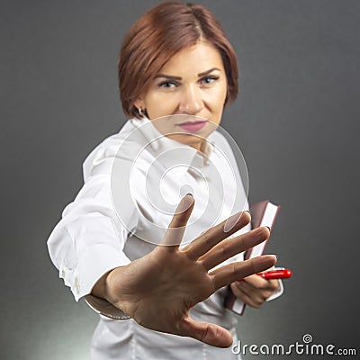 Beautiful girl protests with the help of her hands her protest and emotions of denial Stock Photo