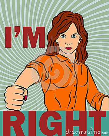 Beautiful girl punching right, doodle colorful retro poster in the style of pop art, vector illustration. Vector Illustration