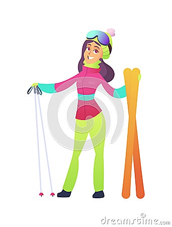 Beautiful girl with purple hair in bright ski suit holds skis with poles and smiles Vector Illustration