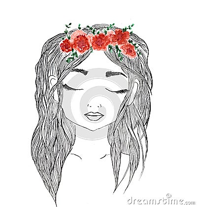 Beautiful girl with red flower wreath in long hair. Hand drawn illustration, t-shirt print Cartoon Illustration