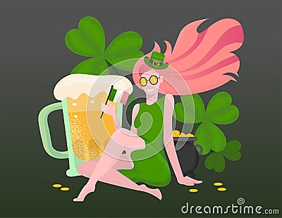 Beautiful girl with red hair in green dress,leprechaun hat sits among big clover next to huge beer mug,pot,Ireland flag in hand on Cartoon Illustration