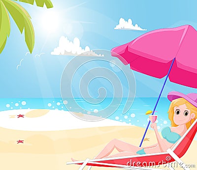 Beautiful girl relaxing on the beach while Enjoying Summer Drinks Vector Illustration