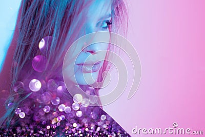 Beautiful girl in retro wave on the neon light. Portrait with double exposure effect. Stock Photo