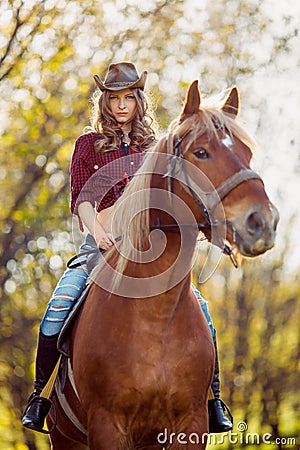 Beautiful girl riding horse on autumn field Stock Photo