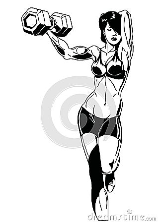 Beautiful fitness sexy girl with dumbbells one hand Vector Illustration