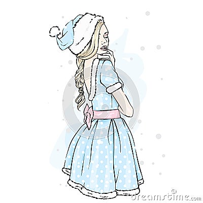 Beautiful girl in a Santa Claus dress and hat. Vector illustration for a postcard or a poster. New Year`s and Christmas. Vector Illustration