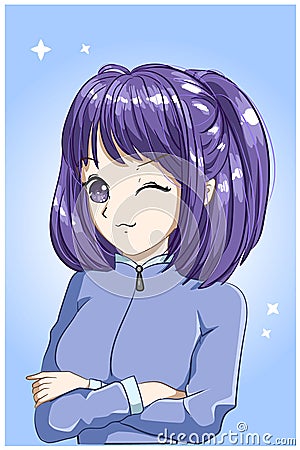 Beautiful girl short purple hair cartoon illustration Vector Illustration