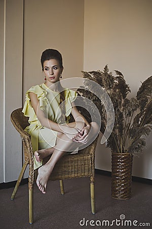 A woman in a long yellow dress 4926. Stock Photo