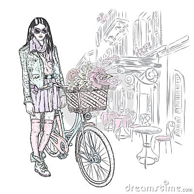 Beautiful girl in a skirt, jacket and glasses with a vintage bicycle on a city street. Vector illustration. Fashion & Style. Vector Illustration