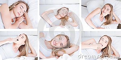 Beautiful girl sleeps in the bedroom - collage. Sleeping woman in bed close up billboard. Young beautiful woman sleeping. Portrait Stock Photo