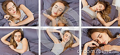 Beautiful girl sleeps in the bedroom - collage. Sleeping woman in bed close up billboard. Young beautiful woman sleeping. Portrait Stock Photo