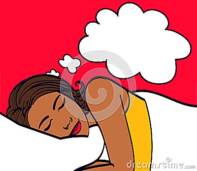 Beautiful girl sleeps in the bedroom.Pop Art girl. Advertising poster. Comic woman.Pop art background. dreamy Vector Illustration