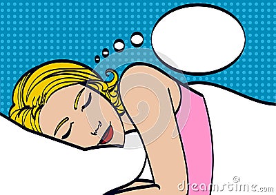 Beautiful girl sleeps in the bedroom.Pop Art girl. Advertising poster. Comic woman.Pop art background. dreamy Vector Illustration