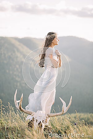 Beautiful girl with slender figure in a long winding dress profile, tulle, veil, nature, mountains, forest, deer skull with horns Stock Photo