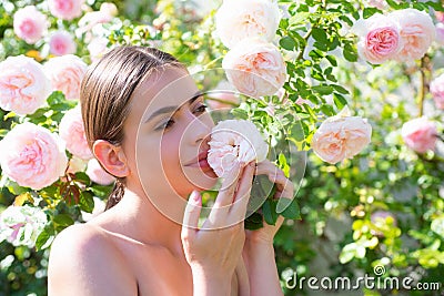 Beautiful girl smelling a rose flower in spring park. Young woman in flowering garden with roses. Beauty model with Stock Photo