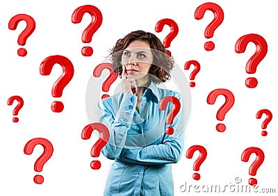 Girl among questions Stock Photo