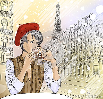 Beautiful girl in the street cafe in Paris drinkin Cartoon Illustration