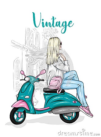 Beautiful girl in a stylish closes sits on a vintage moped. Vector illustration for postcard or poster, print for clothes. Vector Illustration