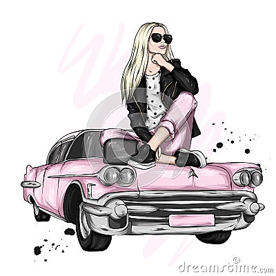 A beautiful girl in stylish clothes sits on a retro car. A glass of coffee. Fashion and style, clothing and accessories. Vector Illustration