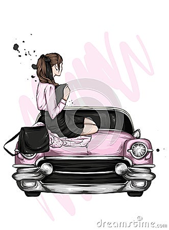 Beautiful girl in stylish clothes and a vintage car. Fashion and style, clothing and accessories. Vector Illustration