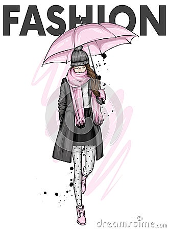 Beautiful girl in a stylish coat, boot, scarf and hat. Autumn clothes and umbrella. Autumn, spring and winter. Vector Illustration