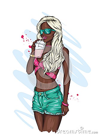 Beautiful girl in a stylish hat, t-shirt and shorts. Summer clothes. Fashion & Style. Vector illustration. Vector Illustration