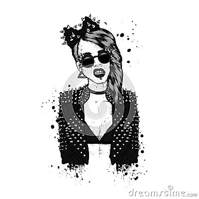 A beautiful girl in a stylish jacket and glasses with spikes. Vector illustration. Fashion & Style. Rock. Vector Illustration