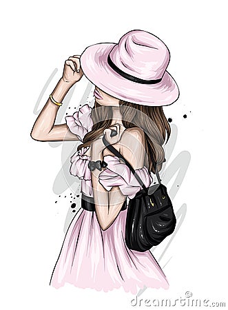 Beautiful girl in a stylish summer dress and hat. Vector illustration for ottyki or poster, print on clothes. Fashion & Style. Vector Illustration