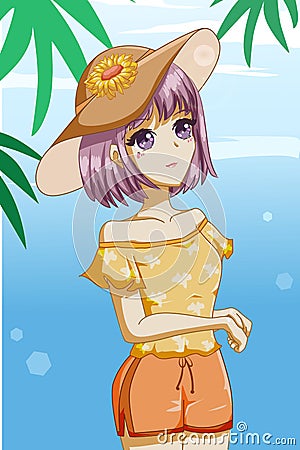 Beautiful girl in the summer with sunflower cartoon illustration Vector Illustration