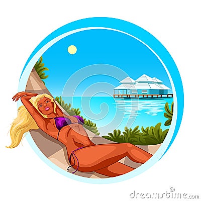 Beautiful girl sunbathing on the beach. Vector Illustration
