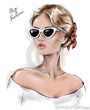 Beautiful girl in sunglasses. Fashion blond hair woman. Cartoon Illustration