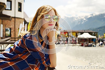 Beautiful girl in sunglasses. Rosa Khutor Stock Photo