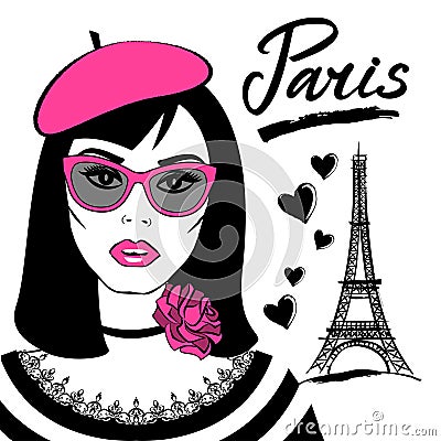 Beautiful girl in sunglasses with symbol France-Eiffel tower Vector Illustration