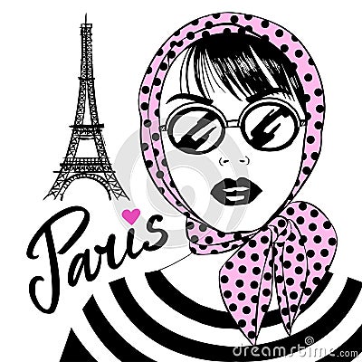 Beautiful girl in sunglasses with symbol France-Eiffel tower Vector Illustration