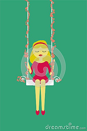 Girl on a swing, swing with floral decoration, dreamy image, glamor Stock Photo