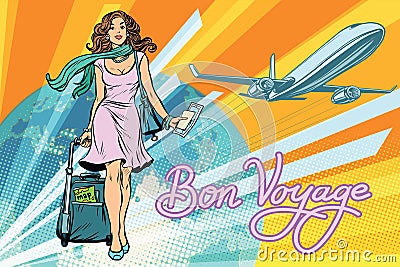 Beautiful girl with a ticket for the flight Vector Illustration