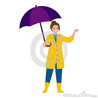 Beautiful girl with an umbrella, cartoon character colorful. Young woman walks in coat and boots, protection from rain Vector Illustration