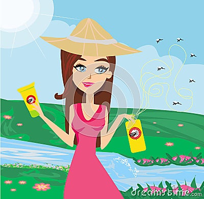 Beautiful girl using insect repellent spray and ointment Vector Illustration