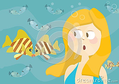 Beautiful girl watching kissing fishes Stock Photo