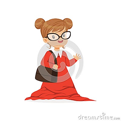 Beautiful girl wearing dult oversized red dress, kid Vector Illustration