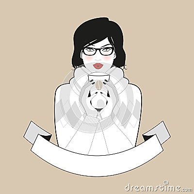 Beautiful girl wearing glasses and winter clothes having coffee. Blank banner for your text Vector Illustration