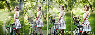 Beautiful girl wearing a nice white dress having fun in park with bicycle. Healthy outdoor lifestyle concept. Vintage scenery Stock Photo