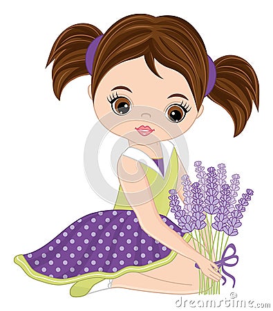 Beautiful Cute Girl Holding Bouquet of Lavender. Vector Brunette Girl with Lavender Vector Illustration