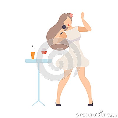 Girl In Cocktail Dress Singing With A Microphone In Karaoke Bar Vector Illustration Isolated On White Background Vector Illustration